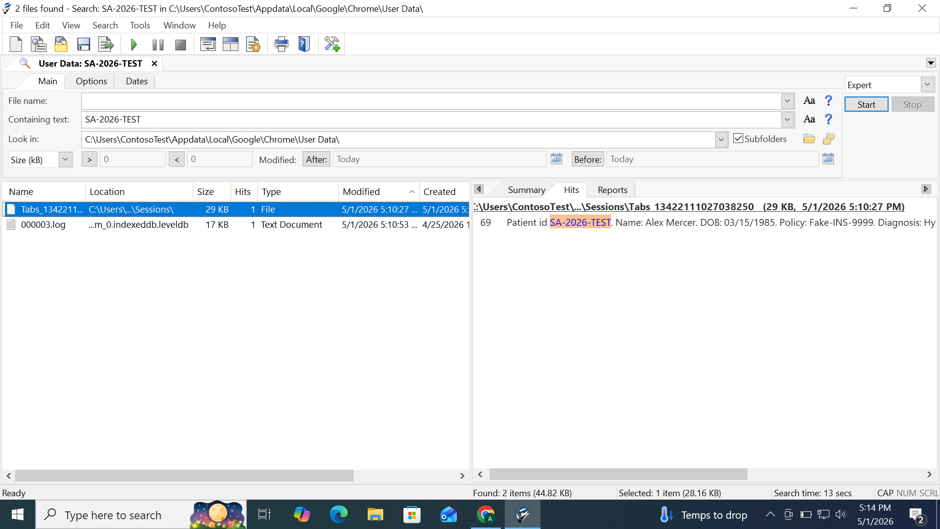 Figure 1: SA-2026-TEST recovered from Chrome session restore file
