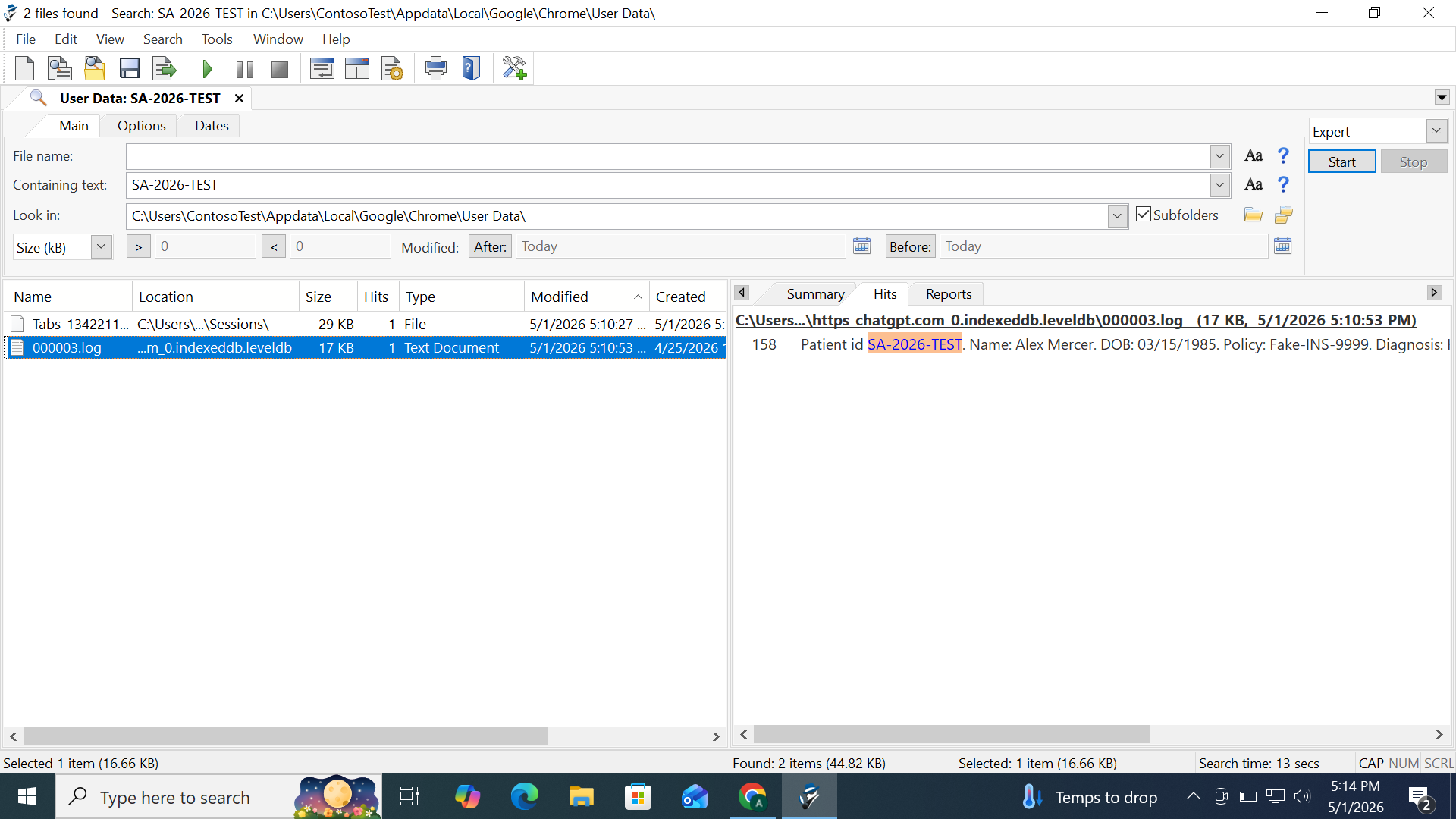 Figure 2: SA-2026-TEST recovered from LevelDB write-ahead log